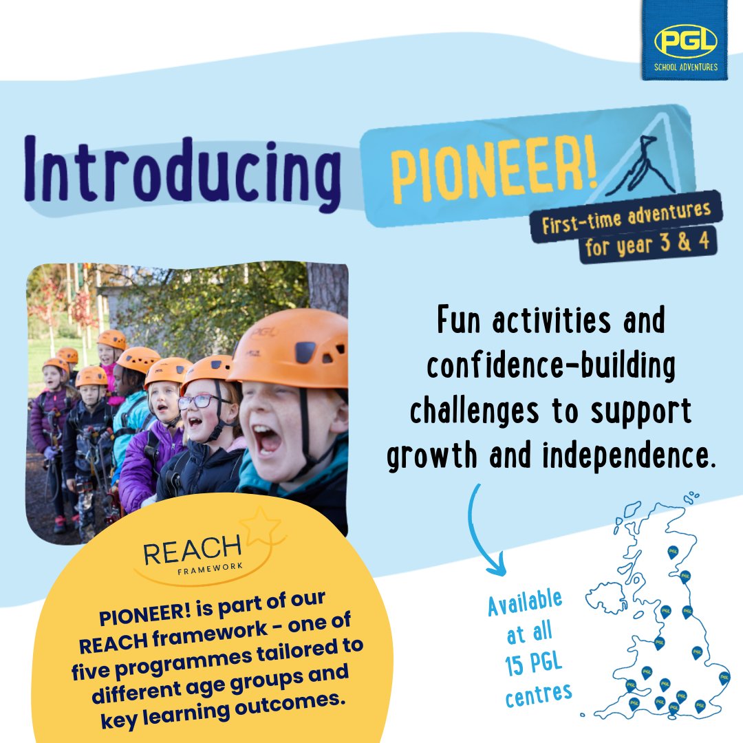 Tailored for younger children, our PIONEER! programme introduces them to their first outdoor learning experience. With a blend of activities and confidence-building challenges, PIONEER! fosters growth and independence. Explore more at schoolsandgroups.pgl.co.uk