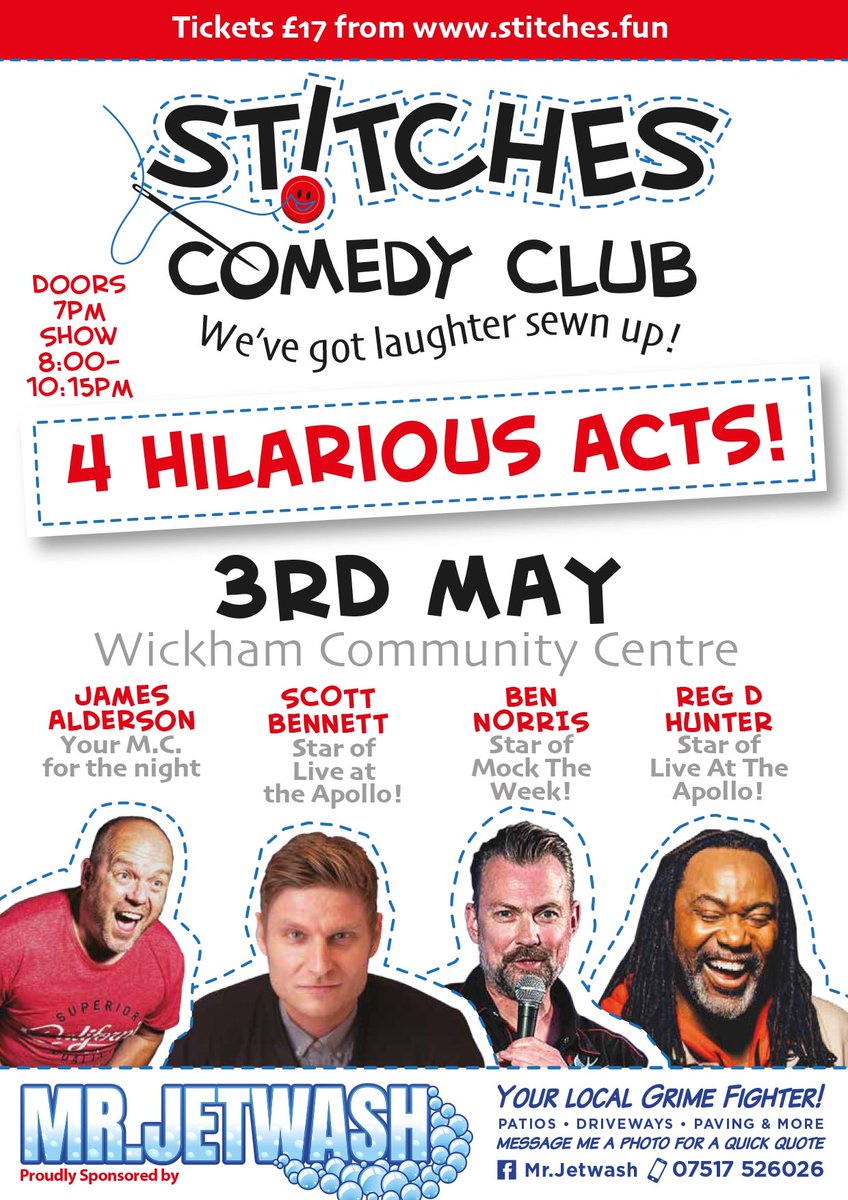 Wickham warning! Less than 25 tickets left for Fridays comedy night at the community centre in WICKHAM starring comedy legend REGINALD D HUNTER and Live At The Apollo’s Scott Bennett! @reginalddhunter @scottbcomedyuk @Revillations Tickets from stitches.fun/wickham-comedy…