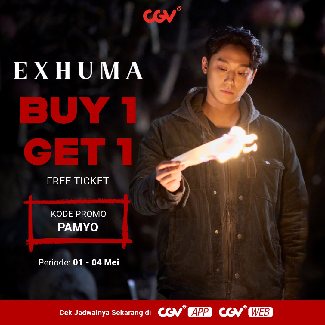 Nonton lagi <Exhuma> di CGV! Karena mulai hari ini ada promo beli 1 gratis 1 pake web atau aplikasi CGV dengan kode promo: PAMYO. Mention temen nonton kamu sekarang 👇🏻 #Exhuma #SemuaSerudiCGV