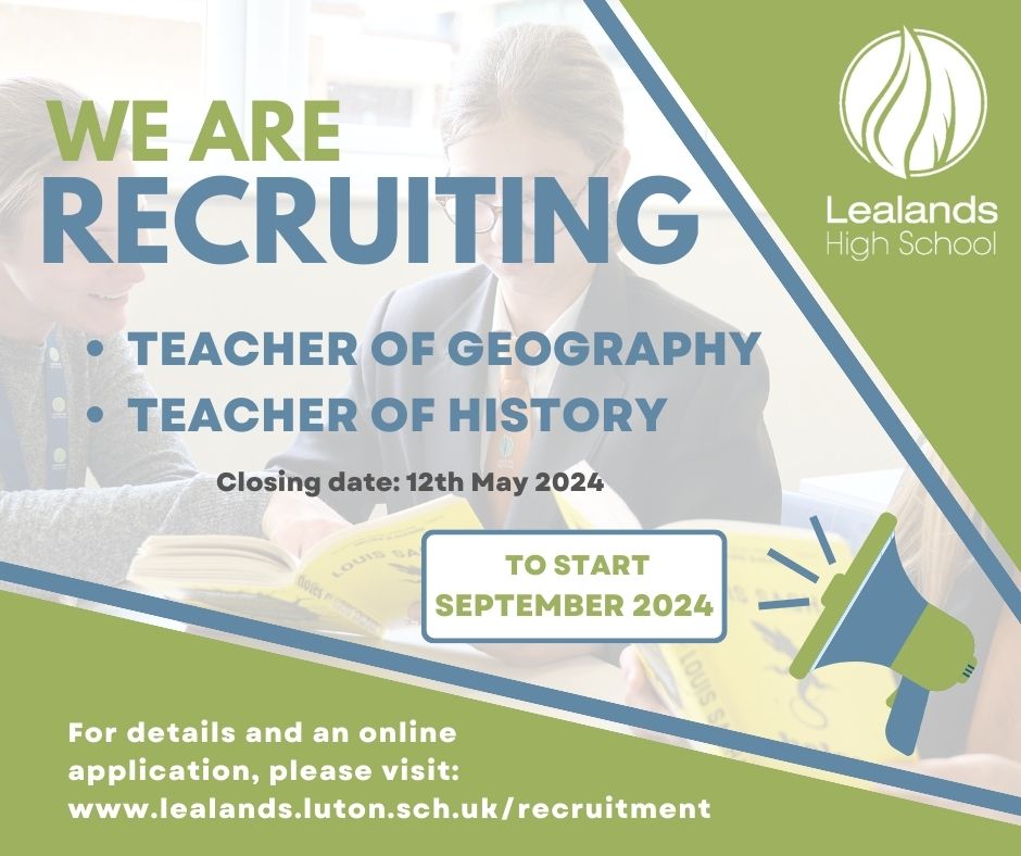 🔍We are recruiting for September 2024! We are currently seeking enthusiastic individuals to join our passionate team of educators! 🔹Teacher of Geography 🔹 Teacher of History ECT ✔ / MPR ✔ / UPR ✔ For full details and to apply, visit: lealands.luton.sch.uk/recruitment 📖🍎