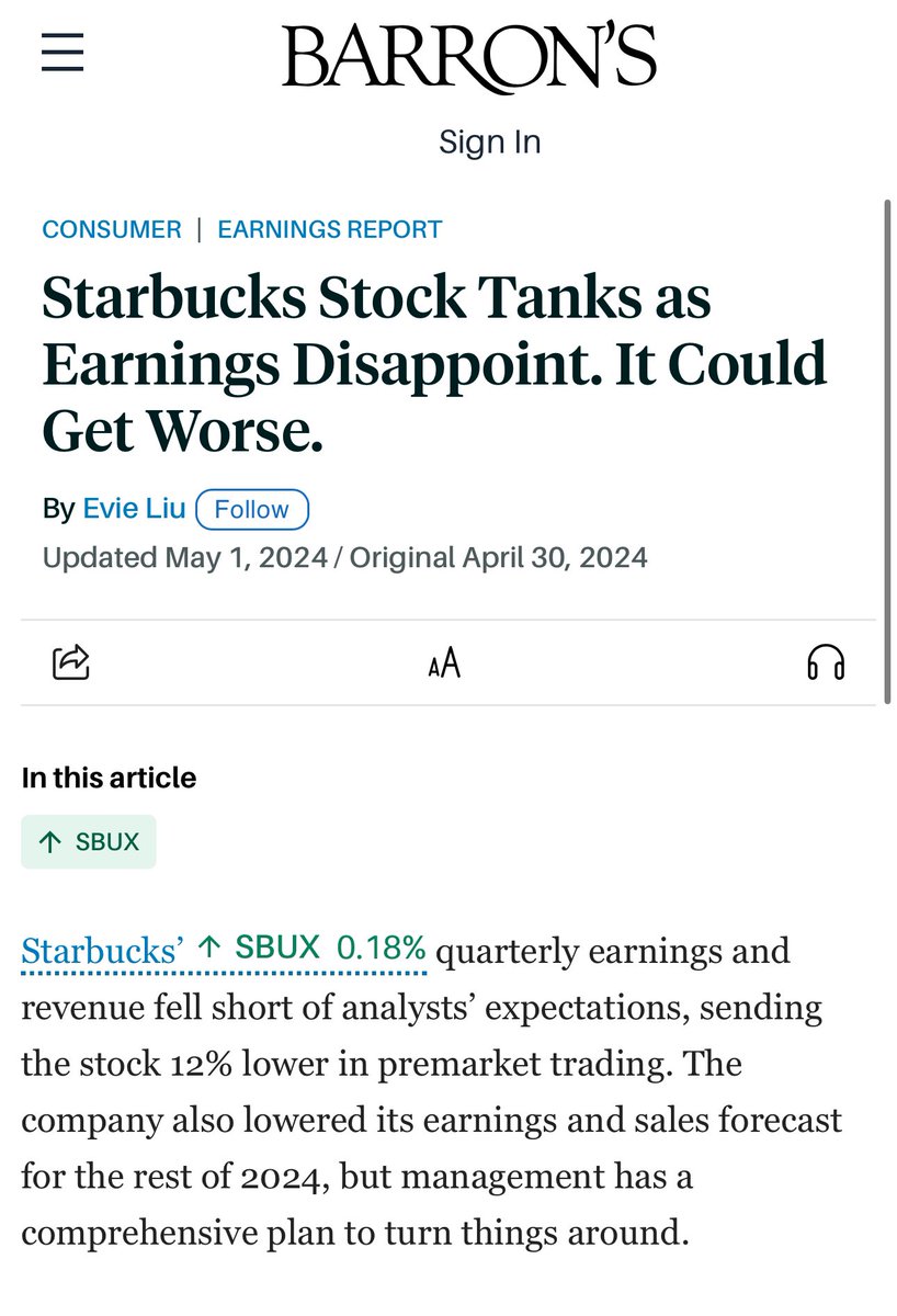 $SBUX CONTINUES TO GET SMOKED AFTER DEFENDING JEWISH SUPREMACY BACK IN OCTOBER Barron’s says it could get worse for them. Boycotts work!