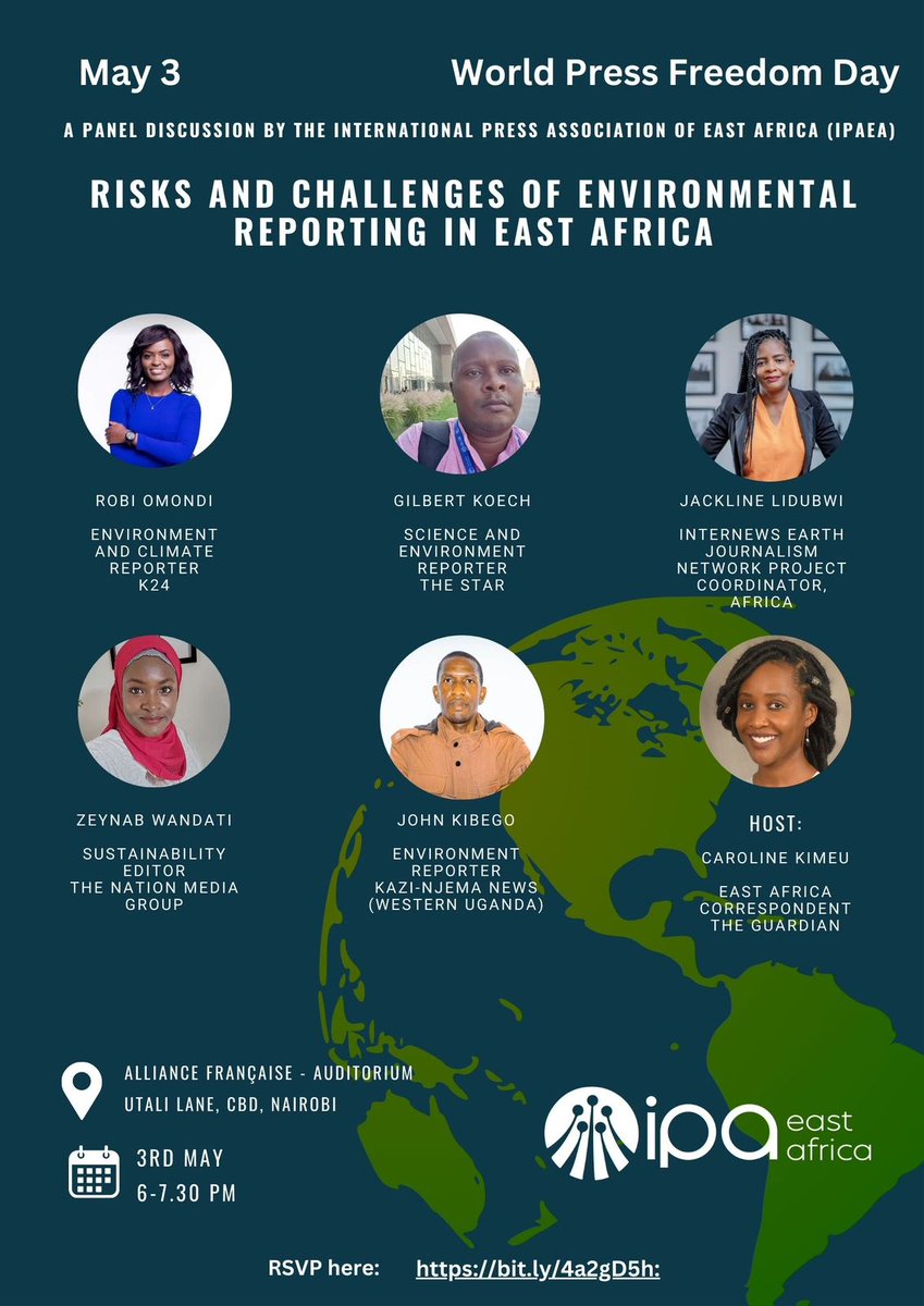 Join us this Friday, 3 May from 6 pm, as we mark World Press Freedom Day with a panel discussion on the Risks and Challenges of Environmental Reporting in East Africa. Location 📍- Alliance Française RSVP via this link to confirm attendance - bit.ly/4a2gD5h