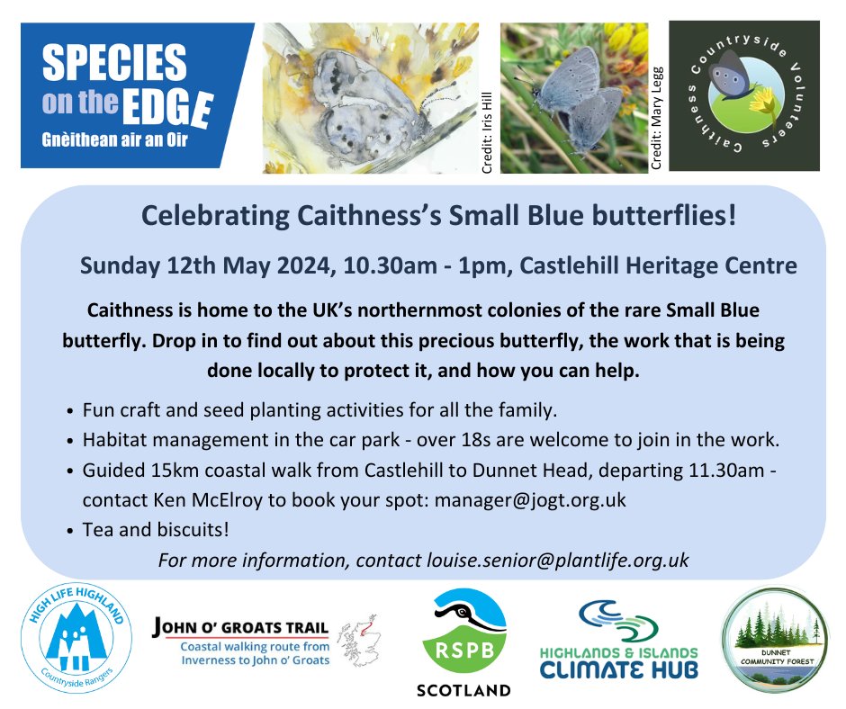 📢 Attention north coasters! Celebrate the small blue butterfly with a 15km guided walk with John O’Groats Trail manager Kenneth McElroy! 📅 Sunday 12 May 📍 Castlehill to Dunnet Head, leaving Castlehill Heritage Centre at 11.30am To book 📨 manager@jogt.org.uk All the info 👇