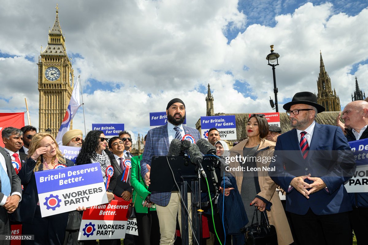 Leader of the Workers Party of Britain George Galloway (R) looks on as former England cricketer Monty Panesar (C) addresses fellow party candidates in Parliament Square (2024)