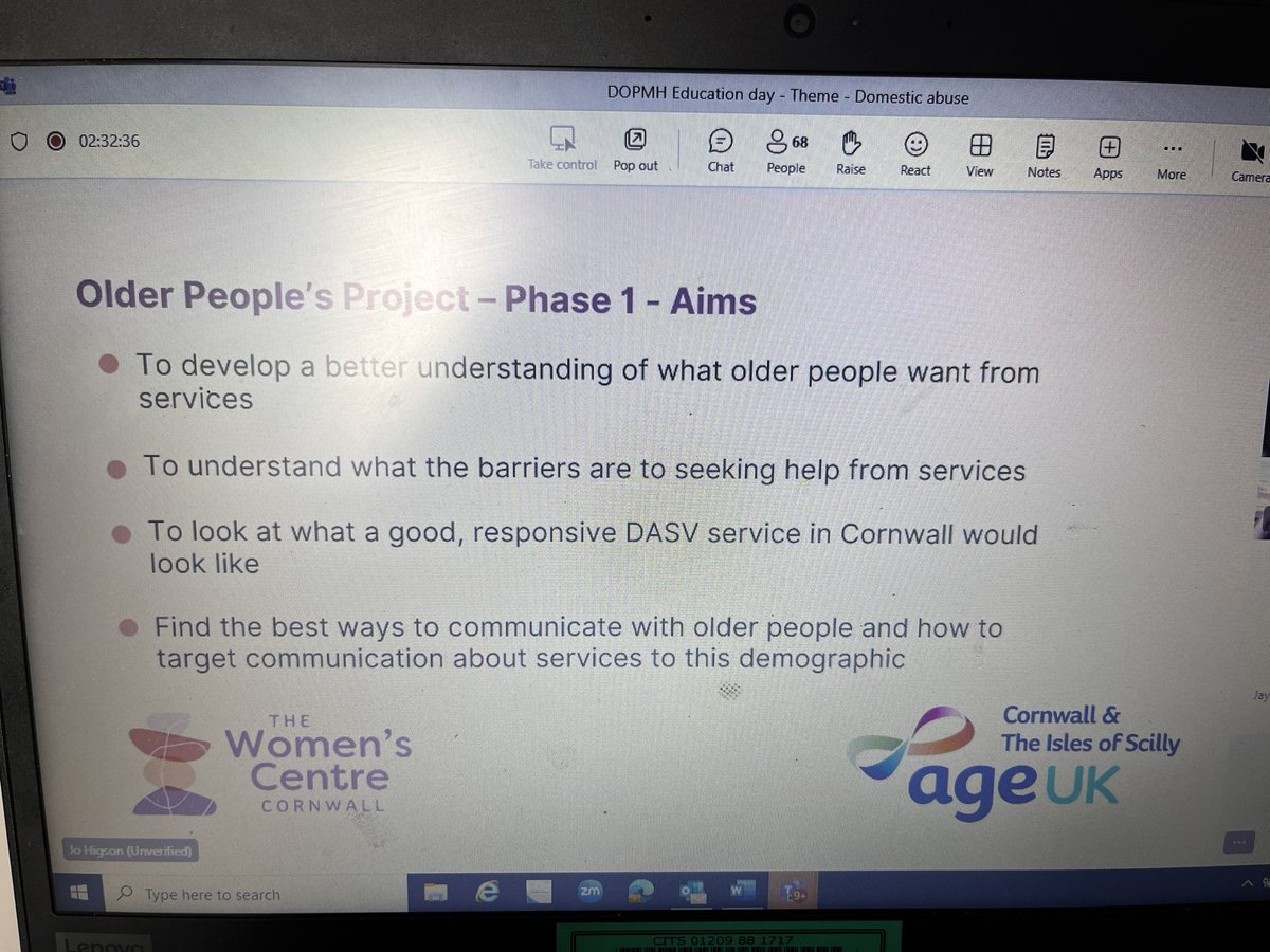 Next up Jo Higson and Val Stanley from the Women’s centre and AgeUk. Thinking about domestic abuse in Cornwall. 1 in 6 people over the age of 60 will experience domestic abuse.