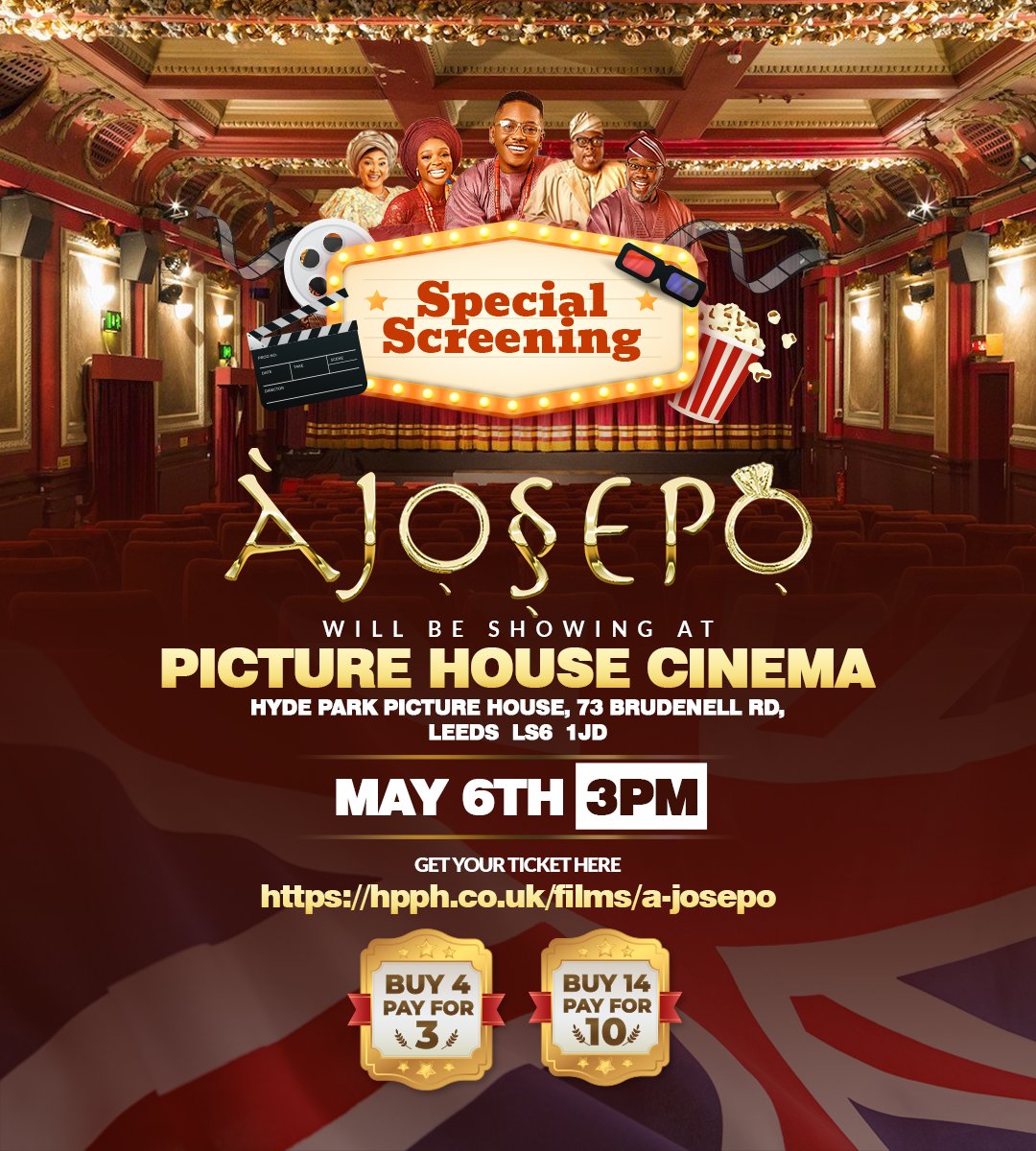 Special Bank Holiday show: AJOSEPO showing in @HydeParkPH Leeds on 6th May. Tickets are available online 🇬🇧🇬🇧🔥🔥 #wizkidanddavido #Leeds #BayernRealMadrid #Nollywood #africanfilm