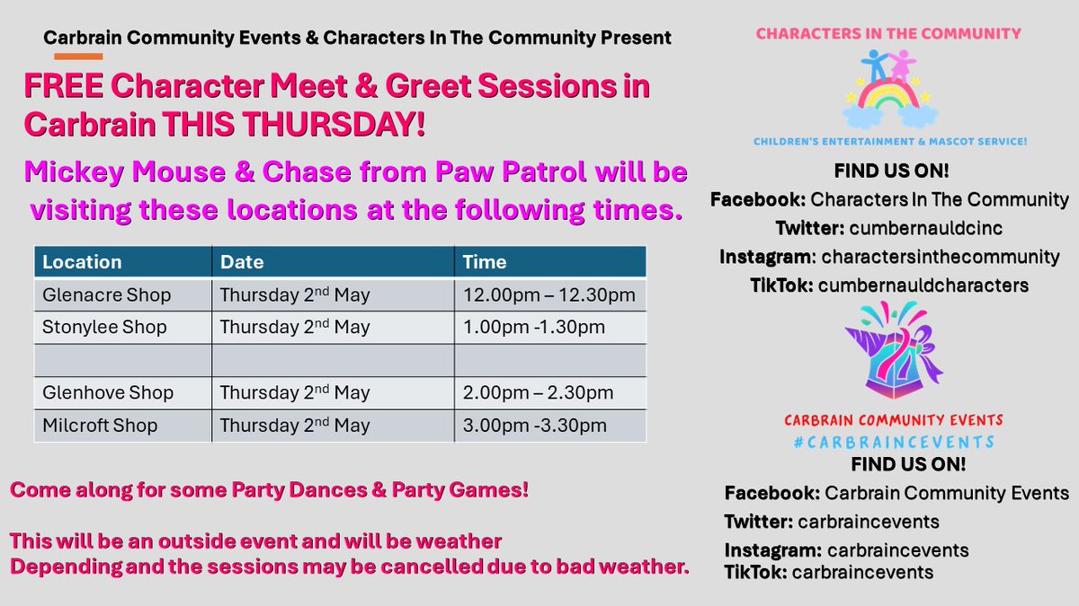 Since the schools are off tomorrow, we thought we would organise a last minute event for the young people in Carbrain. 😉 

Come along and meet Mickey Mouse & Chase from Paw Patrol! 💥

Party Dances & Party Games guranteed! 💯 

Come along and join the fun! 😃 

#carbrainceventsy