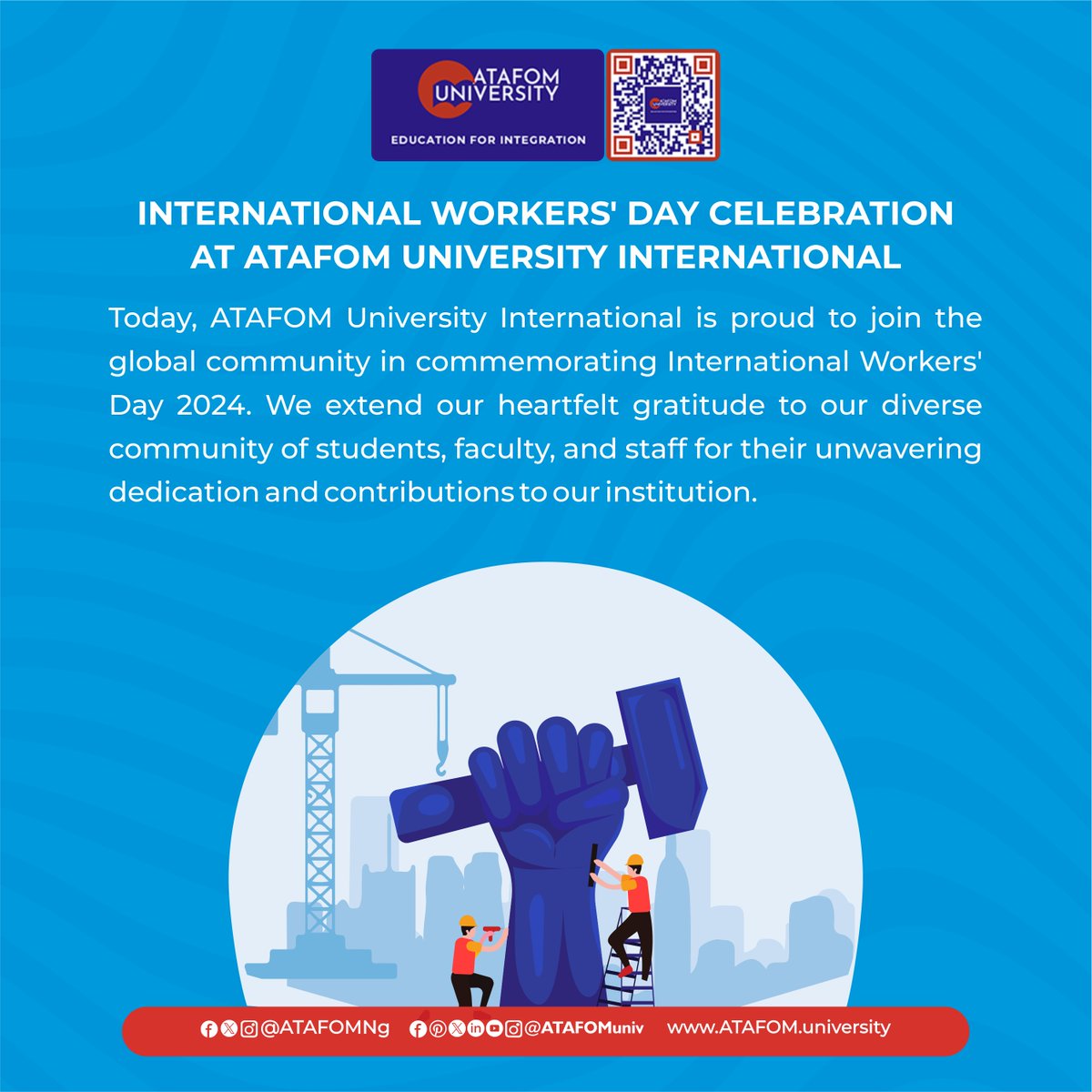🌟 Happy International Workers' Day!

Visit Our Website: ATAFOM.university

#ATAFOM #ATAFOMUniversity #ATAFOMNg #InternationalWorkersDay #WorkersRights #LabourRights #Solidarity #jos #Nigeria  #EducationforIntegration #EducationMatters #SakirYavuz #PerfectTimingHolding