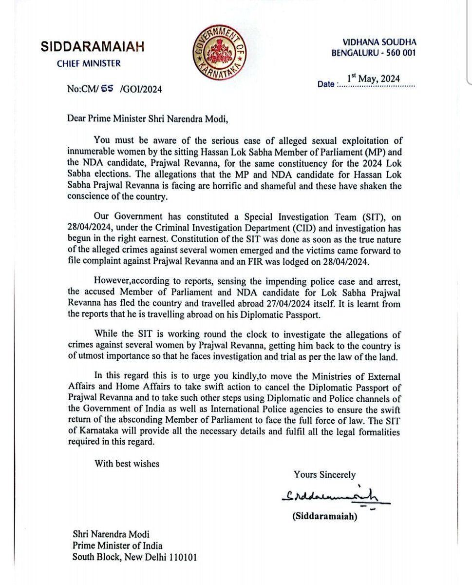 Karnataka CM @siddaramaiah writes to PM @narendramodi. Asks for NDA candidate & @JanataDal_S MP @iPrajwalRevanna's 'diplomatic passport' to be cancelled. Urges PM to use diplomatic & police channels to bring Prajwal Revanna back to India to face probe in sexual abuse case.