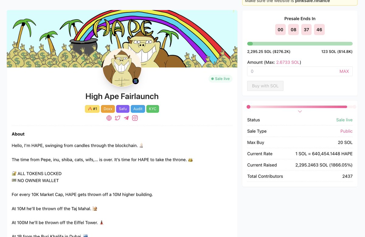 🚀 LESS THAN 9 HOURS TO GO IN HIGH APE SALE 🎁 GIVEAWAY: $25 (48 hours) 1⃣ Follow @HIGHAPETOKEN & @CoinsultAudits 2⃣ Like, RT and place a comment 💬 3⃣ Go check out the Fair Launch on #pinksale 👇 pinksale.finance/solana/launchp… #giveaway #crypto #solana #sale #pinksale