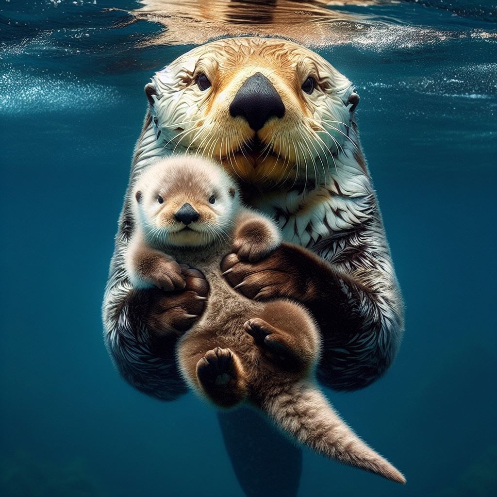 水中でお母さんラッコと赤ちゃんラッコが記念撮影📸🦦🤗A photo of mother and baby sea otter in the water 📸🦦🤗AIで描きました。
#AIart 　#seaotter