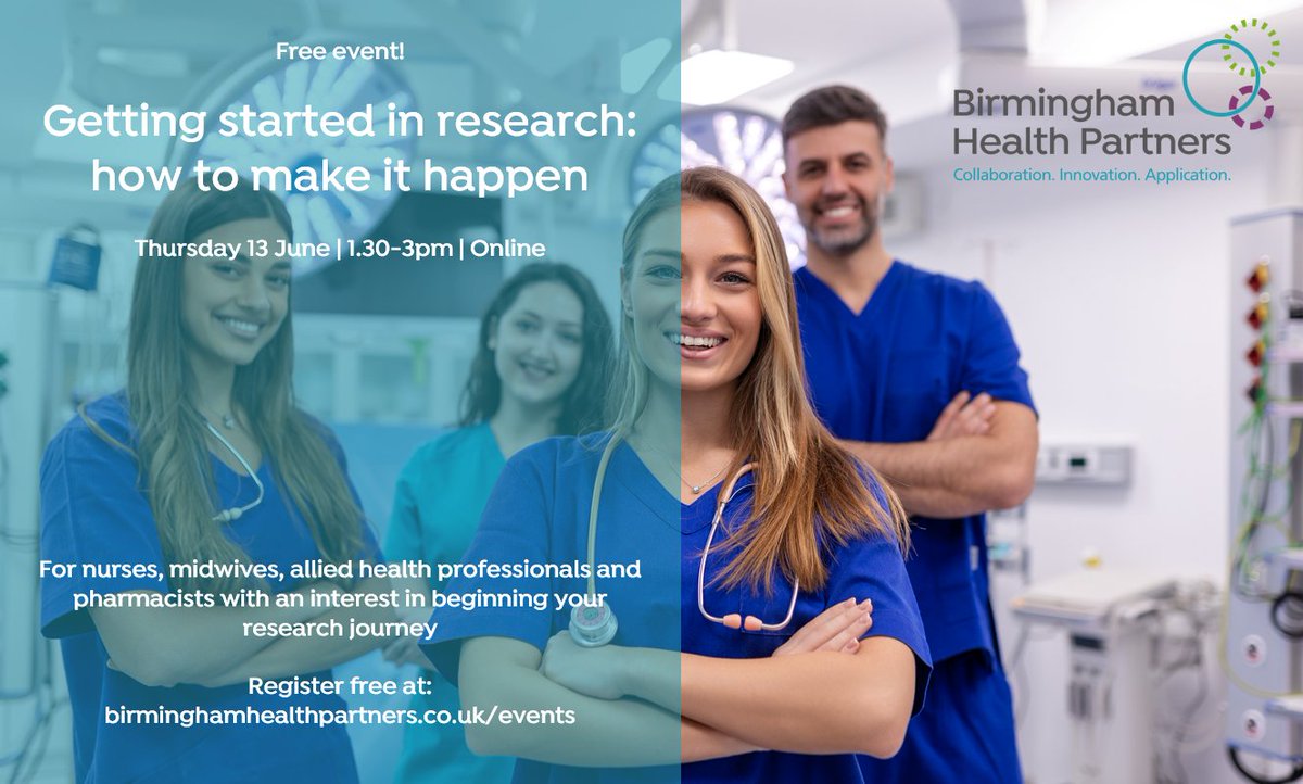 Nurses, midwives, allied health professionals and pharmacists: interested in beginning your research journey? Join BHP for a free webinar, showing how you can make research part of your career path 🗓️ Thu 13 Jun ⏰ 1.30-3pm 🎟️ Register here > birminghamhealthpartners.co.uk/events/