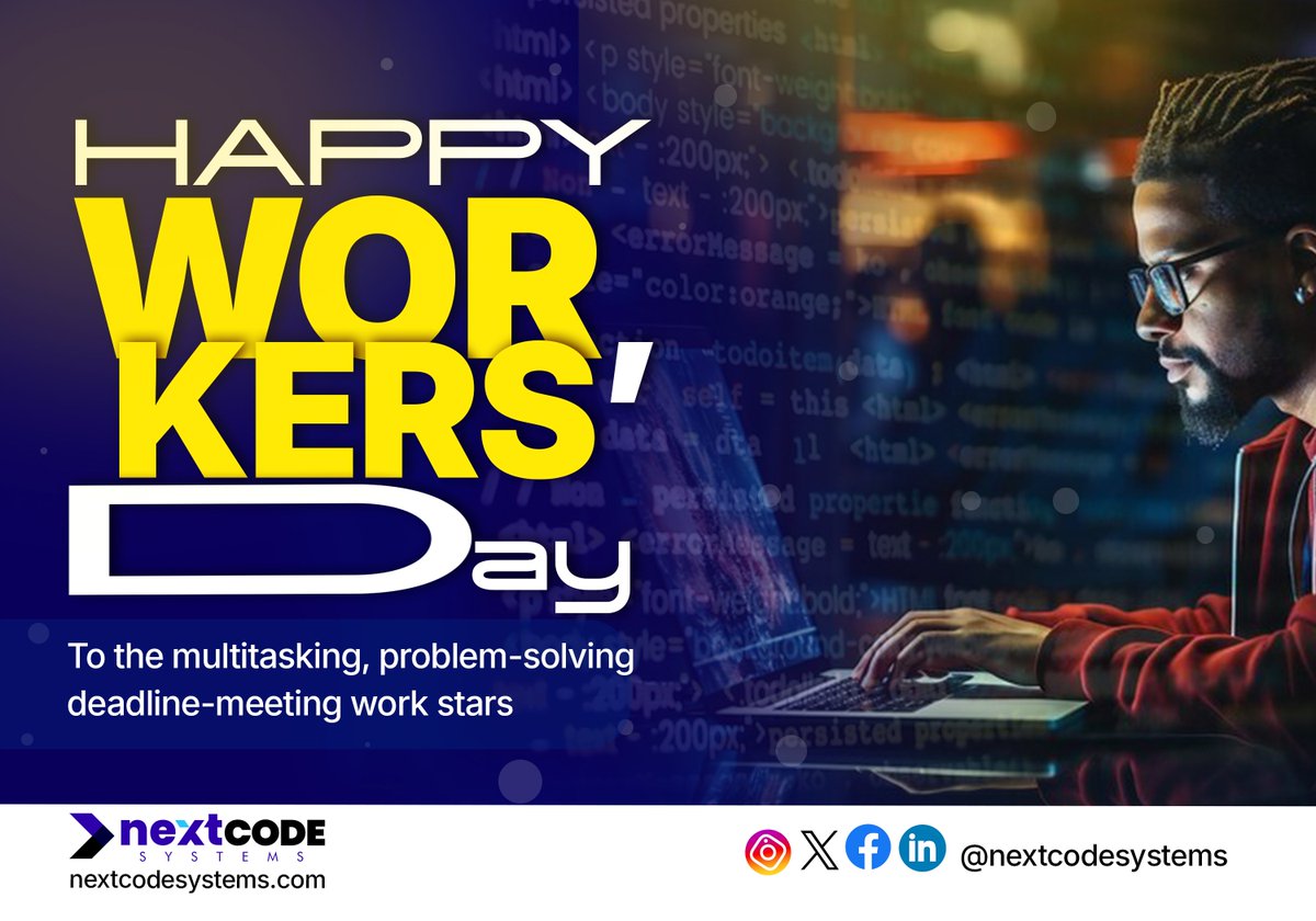 nextcodesystems's tweet photo. Honoring the dedication of laborers everywhere! 🌍✨ Happy International Worker’s Day from NextCodeSystems, where commitment meets cutting-edge technology. 💻💡 #InternationalWorkersDay #LaborDay #MayDay #TechInnovation #DigitalSolutions #SoftwareTech #TeamEffort #Dedication https://t.co/ncvVk7clLK