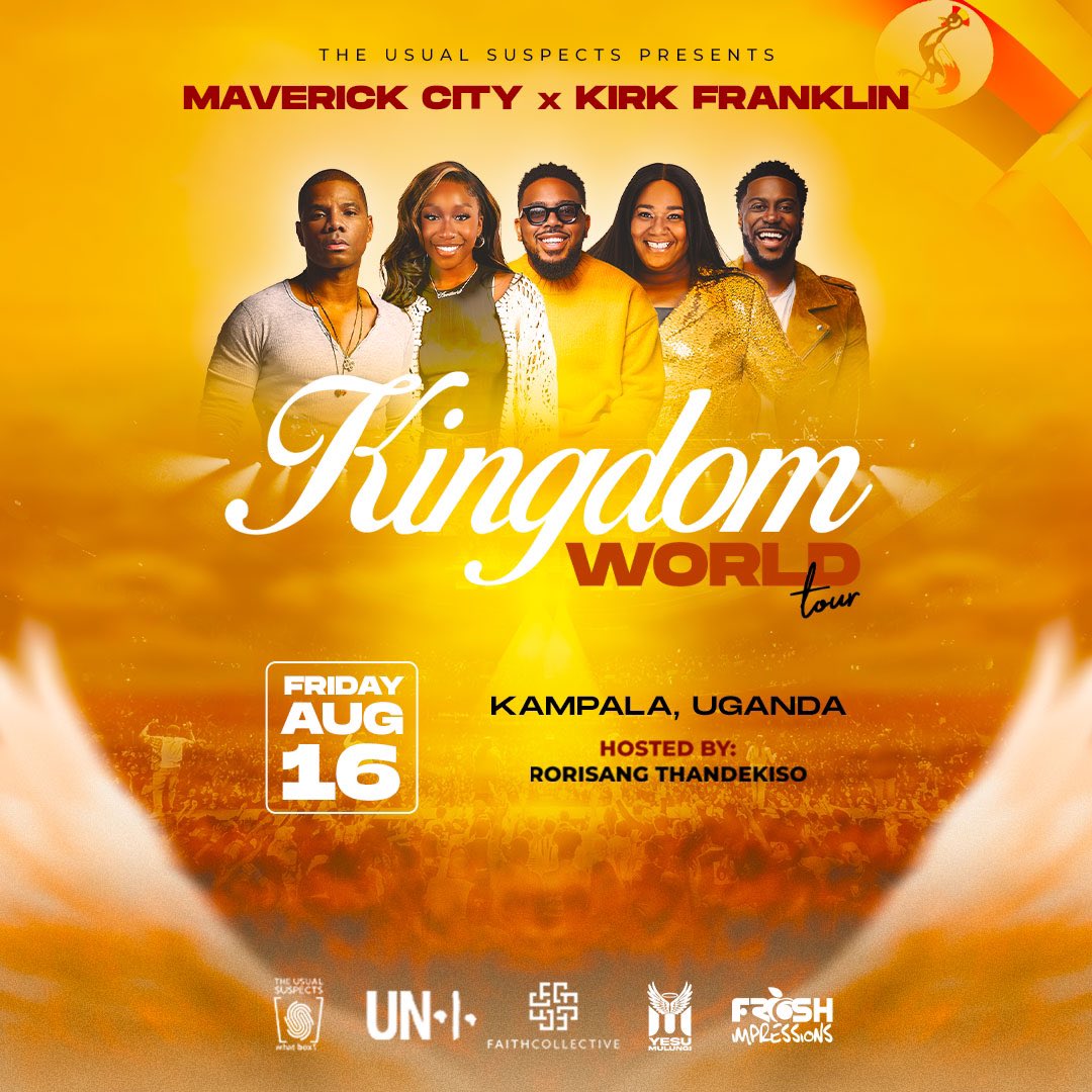 Uganda, we have exciting news for you! 😃🇺🇬 @MavCityMusic and @kirkfranklin will be performing live in Kampala on August 16th 2024 on the Kingdom World Tour. Thats not all; we will also have a number of special appearances! #KingdomWorldTourUG