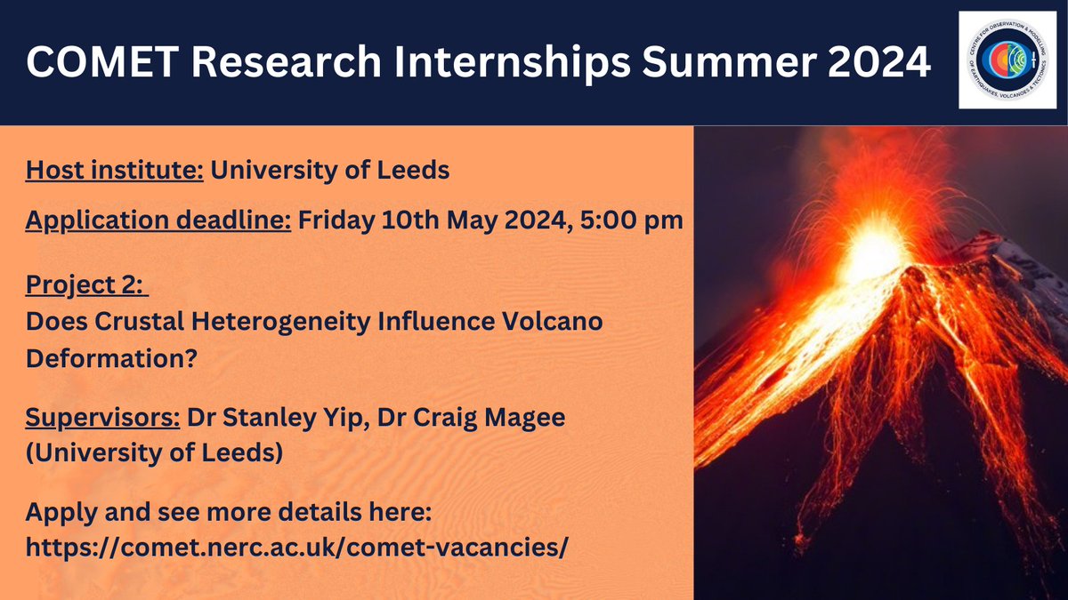 COMET is looking for two UK undergraduate students to join us in Leeds @SEELeeds this summer to undertake two 8-week paid research placement opportunities. Please share with your networks! Application deadline is 5:00pm, Friday 10th May 2024. comet.nerc.ac.uk/internships/