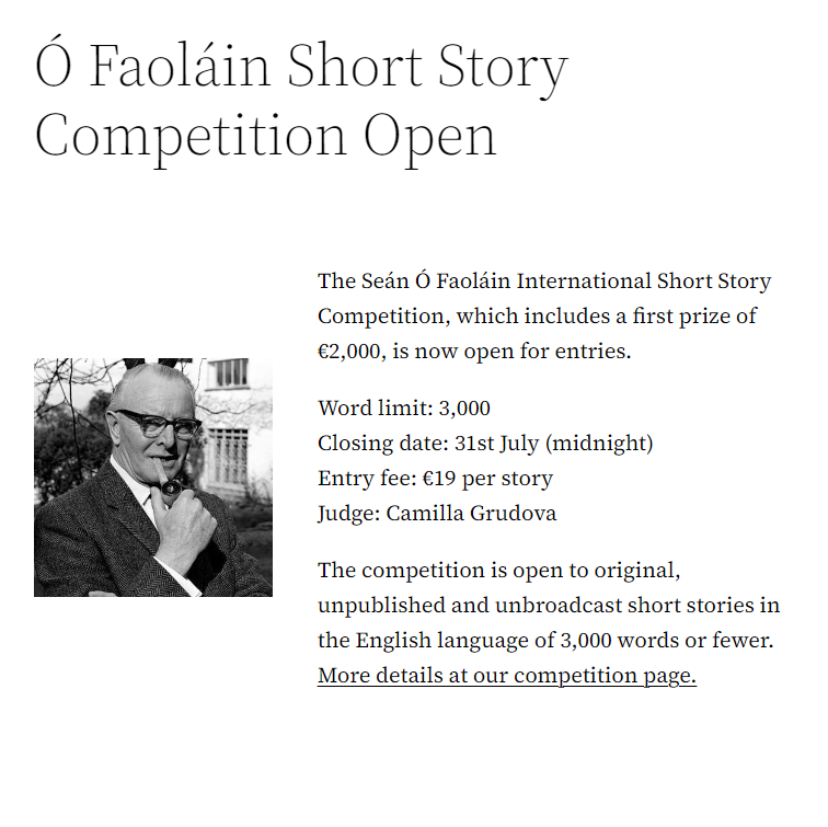 We are now accepting entries to the Seán Ó Faoláin International Short Story Competition. Camilla Grudova will read every story and first prize includes €2,000 and a featured reading at the Cork International Short Story Festival. munsterlit.ie/ofaolain-compe…