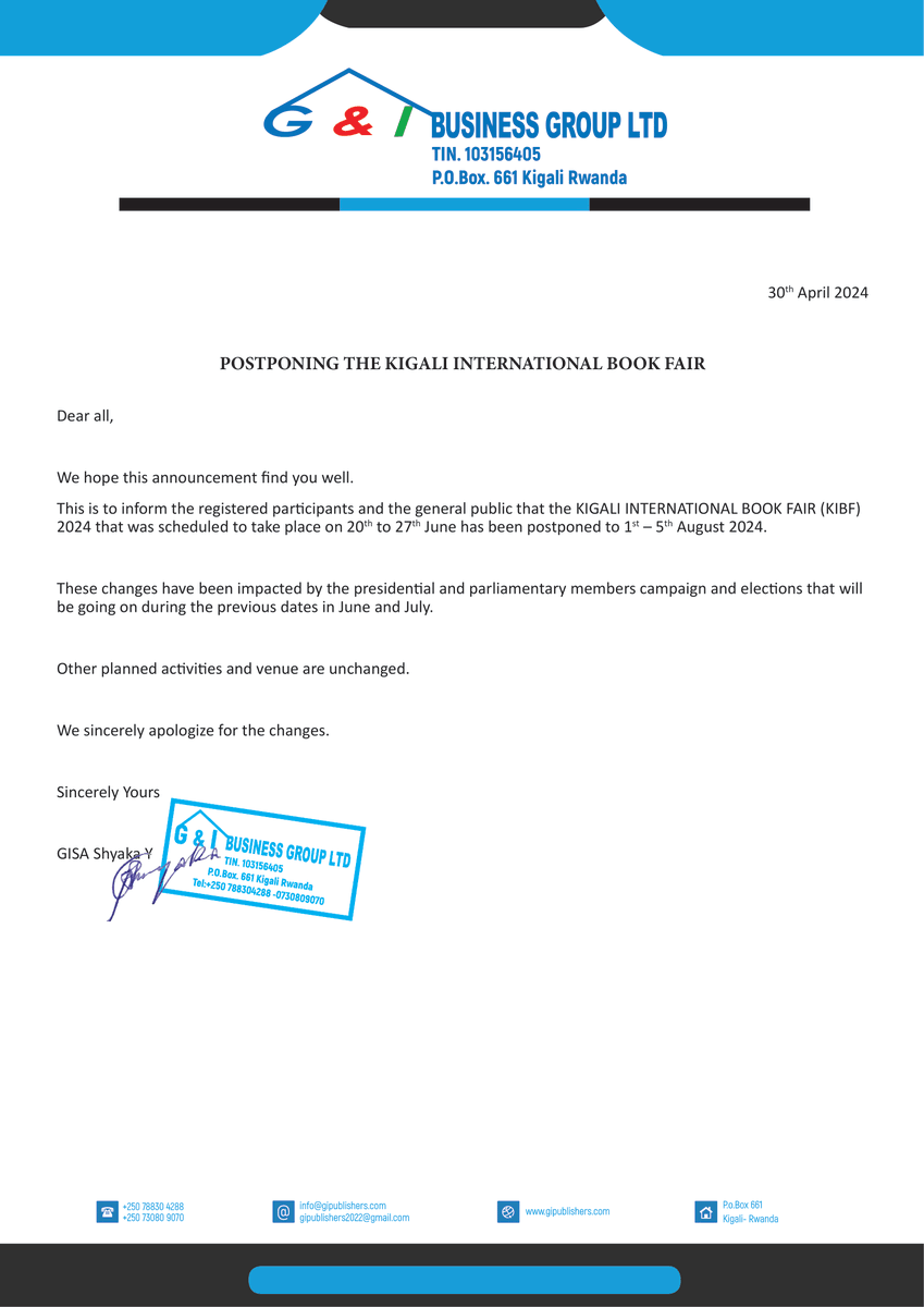 KigaliBf's tweet photo. 📚 Important Update for Kigali International Book Fair 2024 Attendees https://t.co/ABJ7NyoUjq