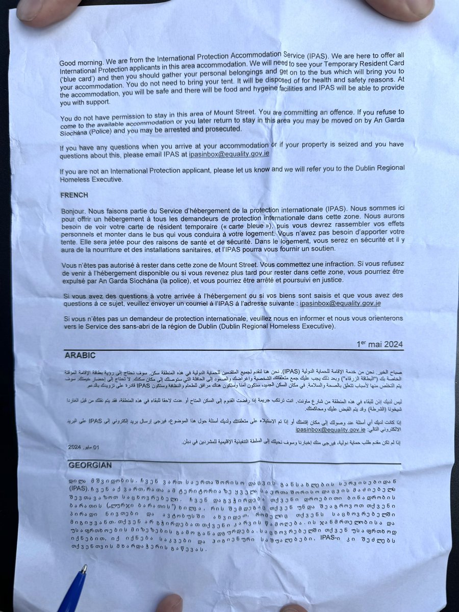 “You do not have permission to stay in Mount Street” - this is the leaflet handed to the refugees this morning before being told to get on a bus. Some were happy to move, others angry. Spoke to a Moroccan and an Egyptian who arrived at Crooksling today. Both came via Belfast
