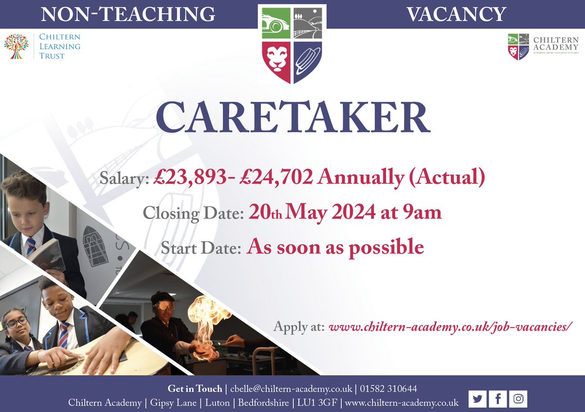 Chiltern Academy are recruiting for a CARETAKER. Responsible to the Site Agent for the attention to keep the School functioning. Apply now via MyNewTerm mynewterm.com/jobs/145872/ED…