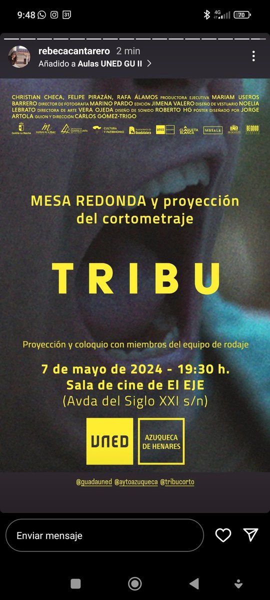 📽 Proyección de <a href="/tribucorto/">TRIBU</a> y mesa redonda organizado por <a href="/UNED/">UNED</a> #AzuquecaDeHenares con Carlos Gómez-Trigo <a href="/elmaquivk/">Rafa Alamos Garcia</a> <a href="/rocioagost/">Marisol</a>
@IsraCL26.

📆 07/05/24
🕢 19h30
📍 Sala de Cine <a href="/eje_azuqueca/">EJE Azuqueca</a>
🎫 Entrada libre hasta completar aforo
#cinesocial #corto #coloquio #elcortoescine