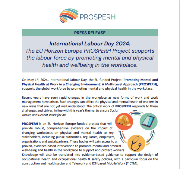 On International Labour Day 2024 the <a href="/PROSPERHEU/">PROSPERH.EU</a> consortium have prepared a press release:

▶️Calling on all employers to prioritise health &amp; well-being in the workplace.
▶️Encouraging workers to prioritise their mental &amp; physical health.

ℹ️tinyurl.com/2rz22u9a