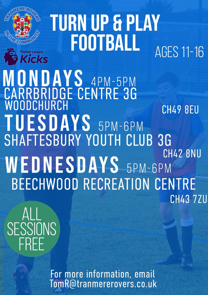 ⚽️ Come along to any of our three FREE Turn Up & Play Football sessions for 11-16-year-olds through the week! We're at Woodchurch's new 3G on Mondays, Shaftesbury Youth Club's new 3G on Tuesdays, and @TRFCBeechwood on Wednesdays! 📧 TomR@tranmererovers.co.uk. #TRFC #SWA