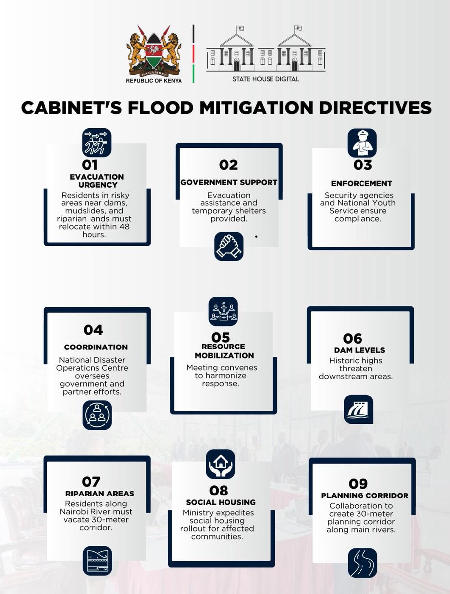 To mitigate the effects of ongoing floods in the country that has caused havoc resulting to destruction of properties, displacement of people, and loss of lives, the cabinet led by @WilliamsRuto has come up with the following directives; #SafetyFirst