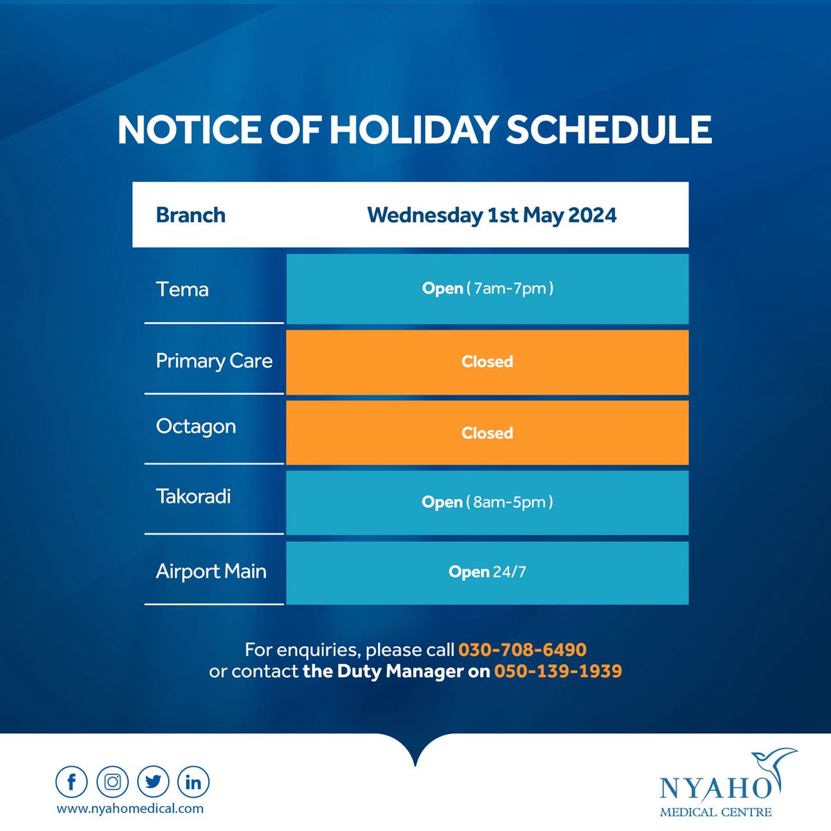 Kindly take note ❕ ❕ #holiday #schedule #health #MayDay #nyaho