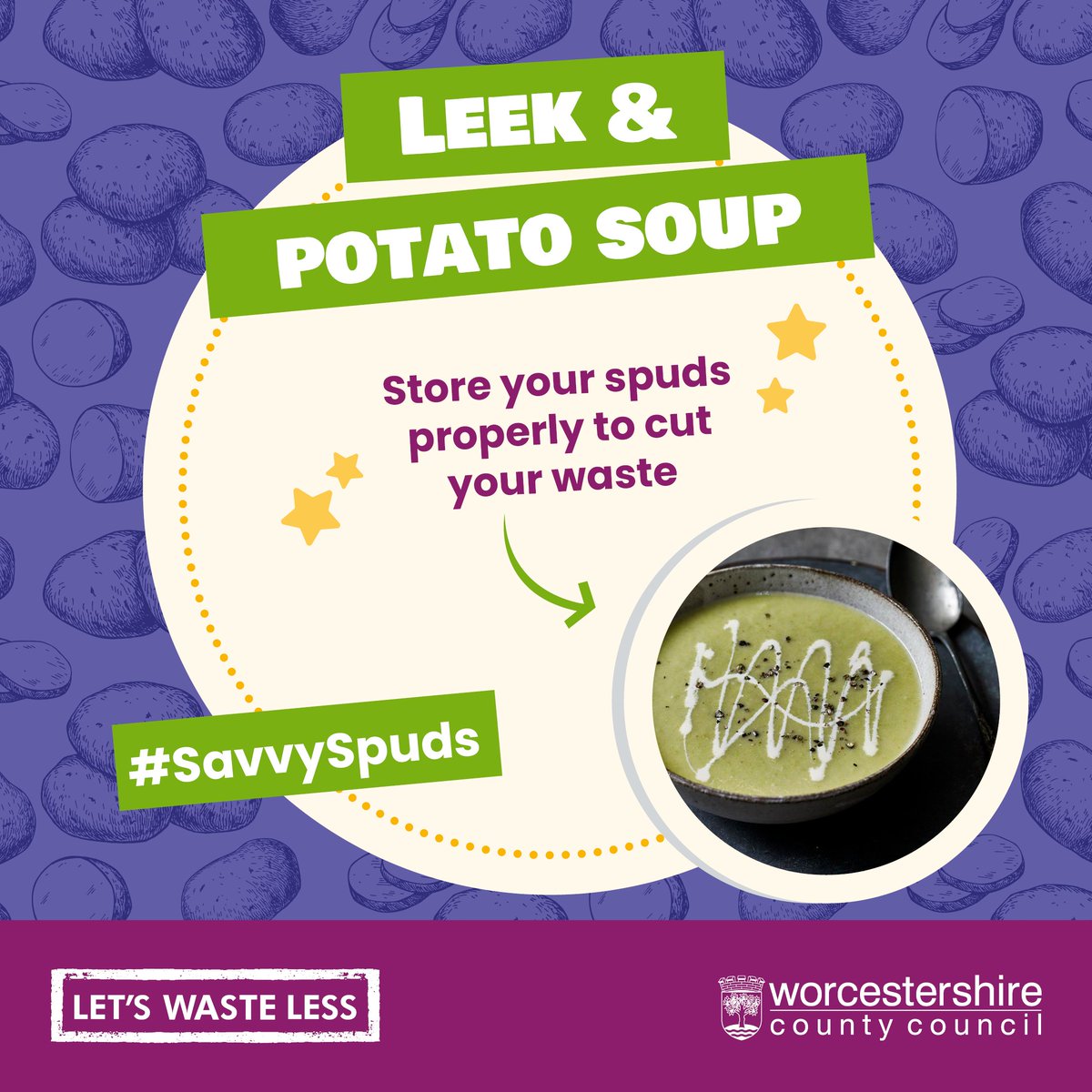 Keep your taters cool and dark in the fridge. 🥔✨ Don't worry about those eyes, just pick 'em off and whip up a leek and potato soup! 🍲💡 Check out bit.ly/3N7Sa6o for the full recipe. #SavvySpuds #FoodSavvyWorcestershire #letswasteless 🌿🥔🍽️