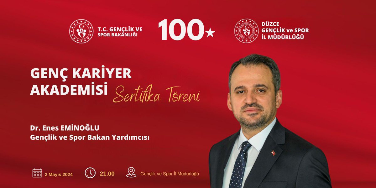 Duyduk duymadık demeyin.📣 #GençKariyerAkademisi projemizin sertifika törenine Gençlik ve Spor Bakan Yardımcısı Sayın @eminogluenes geliyor. Bu özel törene davetlisiniz. 🗓️ 2 Mayıs 2024 🕘 21:00 📍Gençlik ve Spor İl Müdürlüğü @OA_BAK