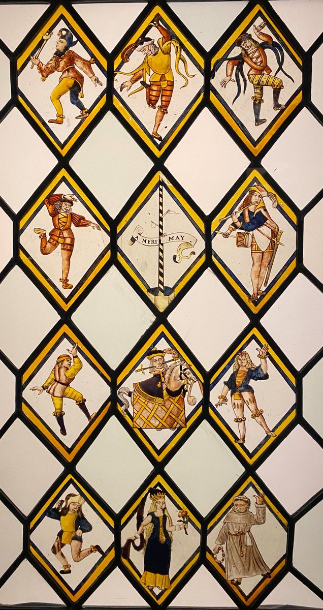 Wishing you all A Very Merry Month of May 🎉 Click for ways to celebrate #MayDay2024: #maypole, music, Morris dancing, #jazzhands, much mirth & playing the Fool! #StainedGlass panel early 1600s copying imagery of 1500s @V_and_A 👏 @ArtGuideAlex @NellytheWillow @artukdotorg