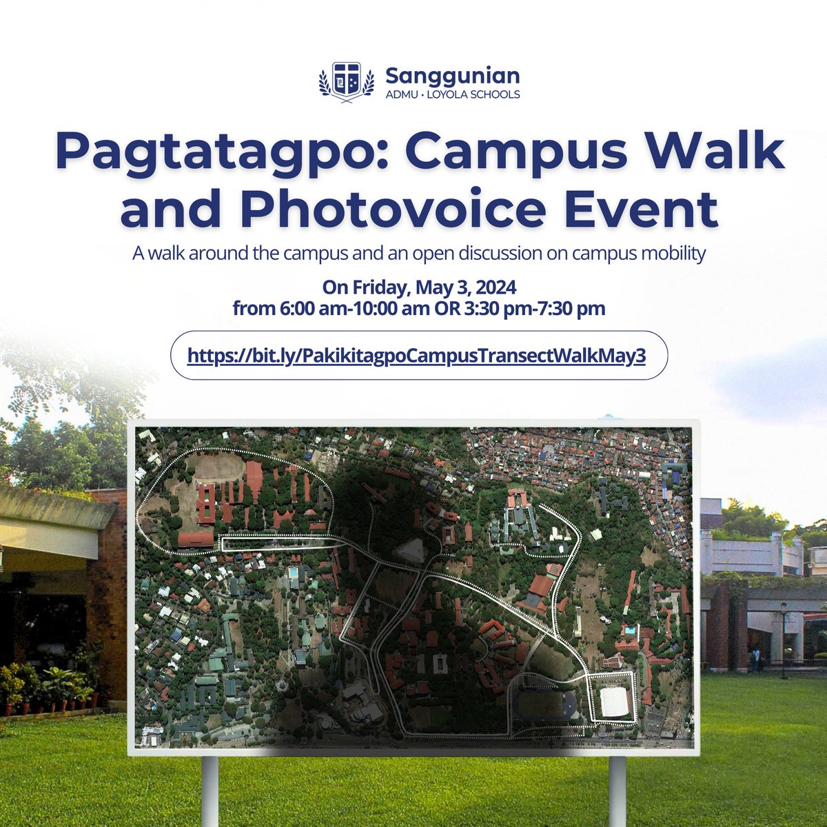 Ready your feet and your cameras, Ateneans! 👣📸

The whole Ateneo community is invited to Pagtatagpo: Campus Walk and Photovoice Event, spearheaded by the Campus Mobility Forum Conveners in collaboration with Tagpuan: Center for Dialogue, Research, and Collaboration...