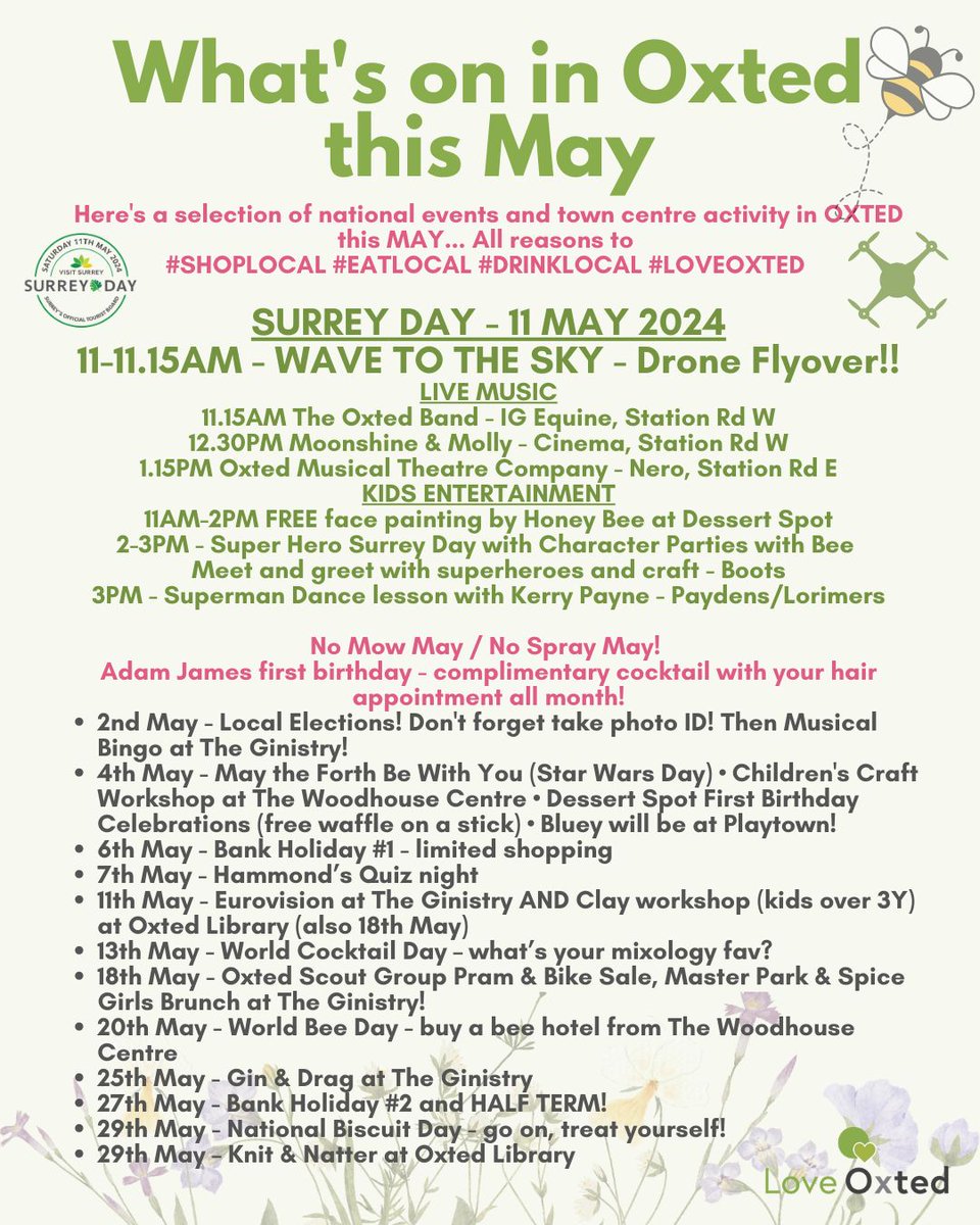 Hurray it’s May! 🌸 Lots going on in Oxted this month, including #SurreyDay - Saturday 11th May - live music, kids entertainment and street entertainer... PLUS lots of other activity for the rest of the month. . #Oxted #loveoxted #shoplocal #eatlocal #drinklocal #visitsurrey