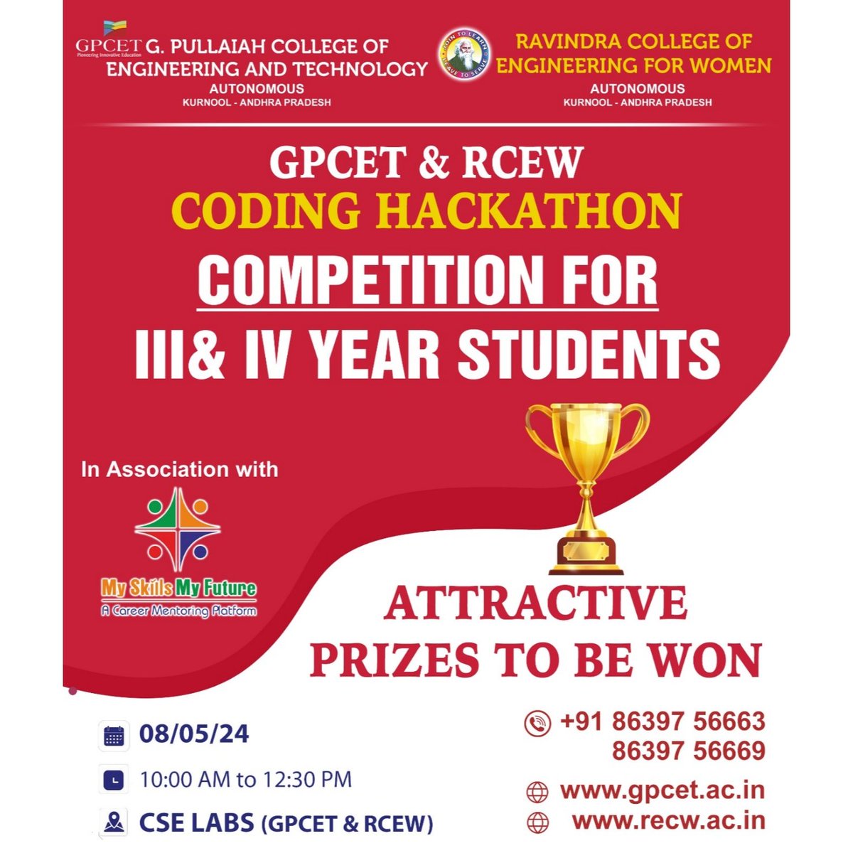 Gear up Students! Prove your talent and bag attractive prizes in Coding Hackathon organized by GPCET and RCEW. Let's see who will be the winners of CODING HACKATHON-MAY 2024.
ALL THE BEST.
@gpcetofficial
#gpcetofficial #coding #program #coder #programminghelp