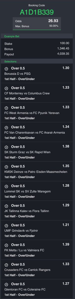 25 odds - Over 0.5 FHG A1D1B339

No research good value!