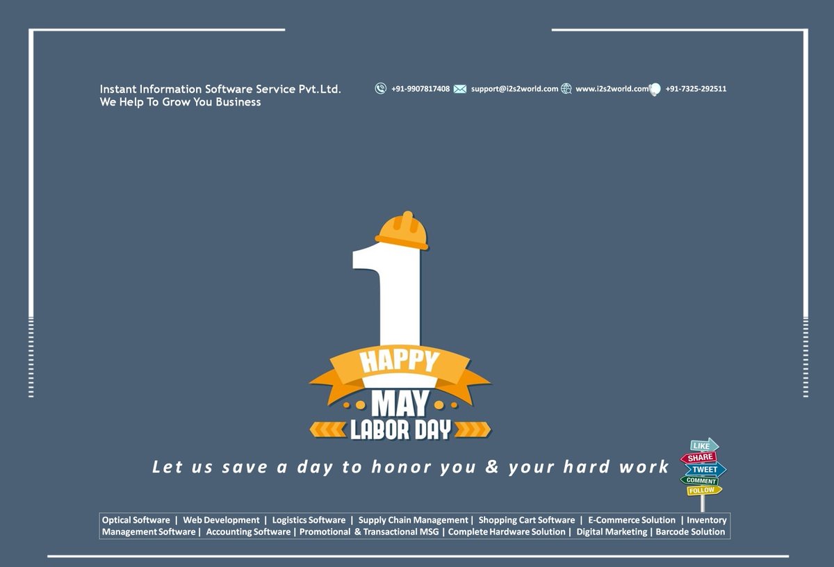 We honor the hardwork & dedication of every individual contributing to our nation's progress
#Happy_Labour_Day
#मजदूर_दिवस
#LabourDay2024
#LabourDay
#MayDay
#WorkerDay
#श्रमिक_दिवस
#Optical_software
#Opticalsoftware
#i2s2
#Optocare
#9907817408
#AaharStore

i2s2world.com
