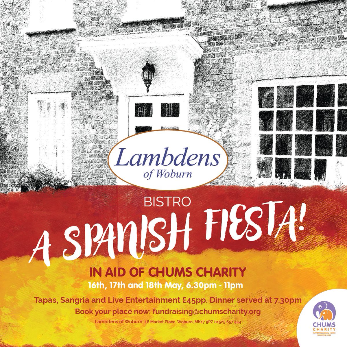 Spice up your night with a Spanish Fiesta and help us raise money for Chums🍷🎶 Enjoy tapas, sip sangria, and enjoy live performances! 16th, 17th and 18th May 6:30-11pm 📍Lambdens of Woburn, MK17 9PZ Tickets £45pp Book your ticket today, email: fundraising@chumscharity.org