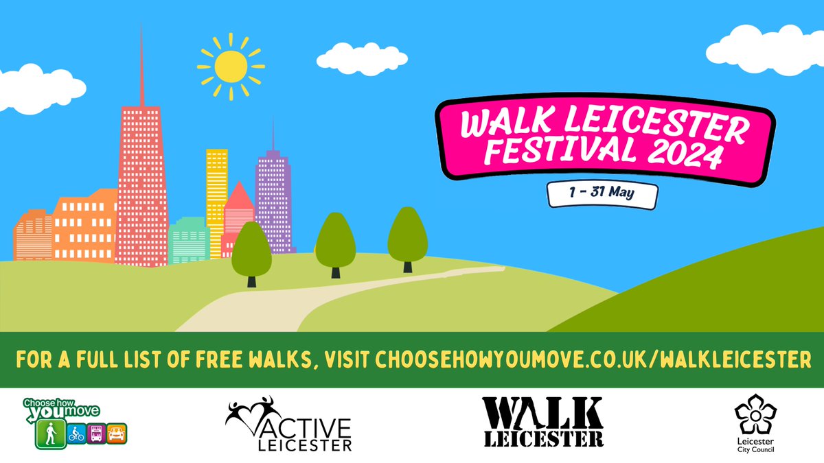 The Walk Leicester Festival is here!🚶‍♀️🎊 Enjoy the wonders of walking this May & get ready for a packed line-up of themed walking events as we celebrate #NationalWalkingMonth from 1-31 May. All walks are FREE. Find the full schedule here: bit.ly/49ZPX4T #WalkLeicester