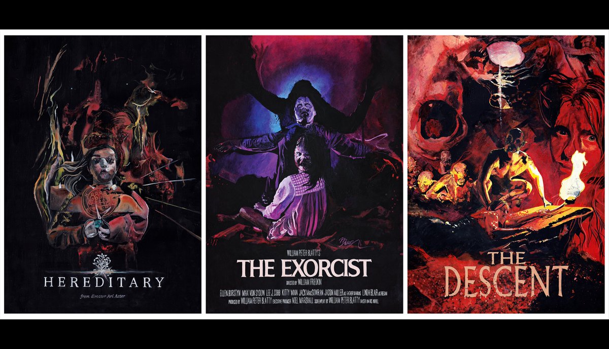 Three alternative horror movie posters I've painted. All acrylic on paper. 

#movieposters #horrormovieposters #alternativemovieposters #horrormovies #horrorfilms #horrorart #horrorartist #horrorartwork #HorrorCommunity #hereditary #theexorcist #thedescent #a24 #classicfilms