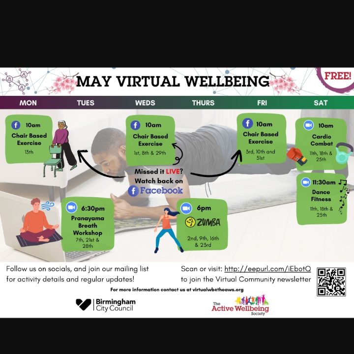 💃🧎 Motivated to #Move or #FindYourChill? We have something for you in our May #VirtualWellbeing timetable! 👉 Join our #VirtualCommunity newsletter for more info: bit.ly/3HqiOUi 🤗 All activities are free & available across the UK with an internet connection.