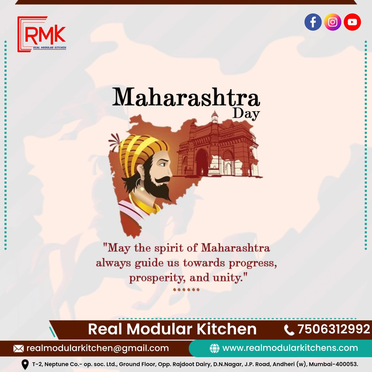 RealModular's tweet image. &quot;Real Modular Kitchen sends heartfelt Maharashtra Day wishes to all! Here&apos;s to the rich heritage, vibrant culture, and limitless opportunities that make Maharashtra truly special. Celebrating with you the essence of our beloved state!&quot;
Contact us: 9167996524 / 7506312992