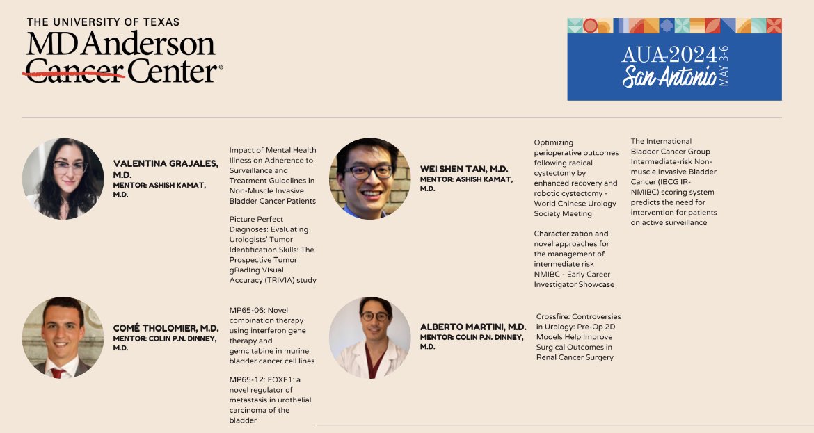 Proud of our @UroOnc @MDAndersonNews fellows presenting at #AUA24 Check out their presentations and for all the applicants to the entering class of #25 seek them out to learn about their experiences. #oncsurgery #endcancer