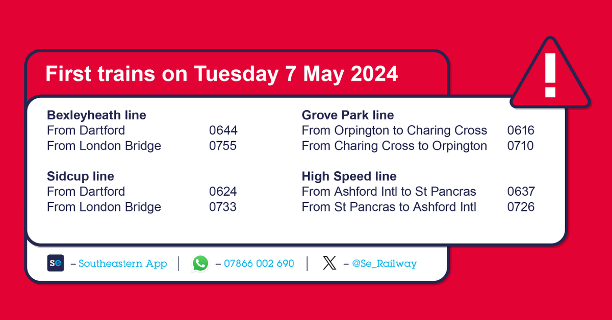 ℹ️ Due to strike action on 7 May, most of our routes and stations will be closed.
⚠Trains that are running start later, finish earlier and could be extremely busy
📲 Please only travel if absolutely necessary
🌐 More info: bit.ly/3PgasQN #RailStrike