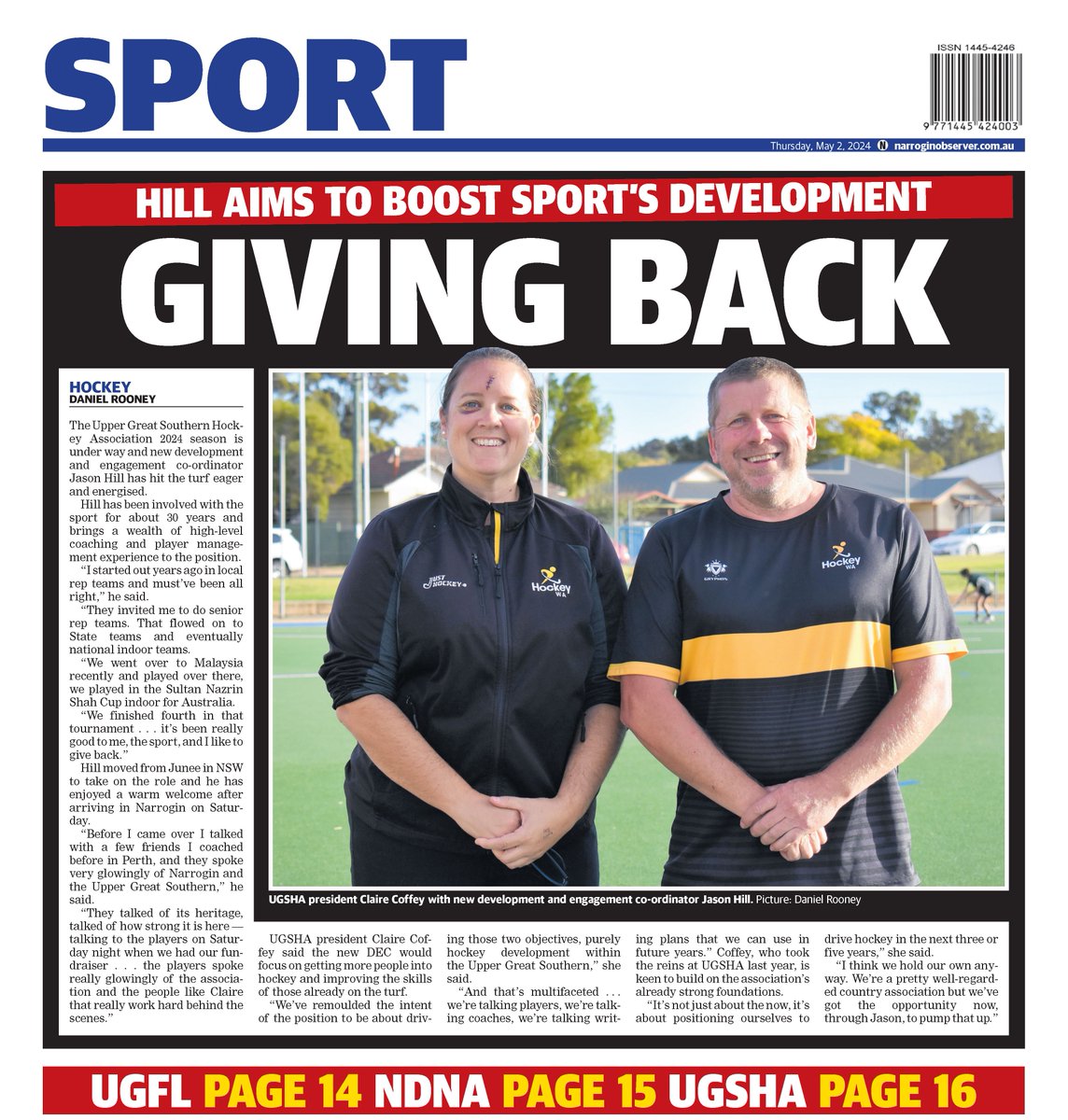 TOMORROW'S BACK PAGE  📰  New development and engagement coordinator Jason Hill is eager to energise the Upper Great Southern Hockey Association plus match reports for the UGSFL, NDNA, and UGSHA.