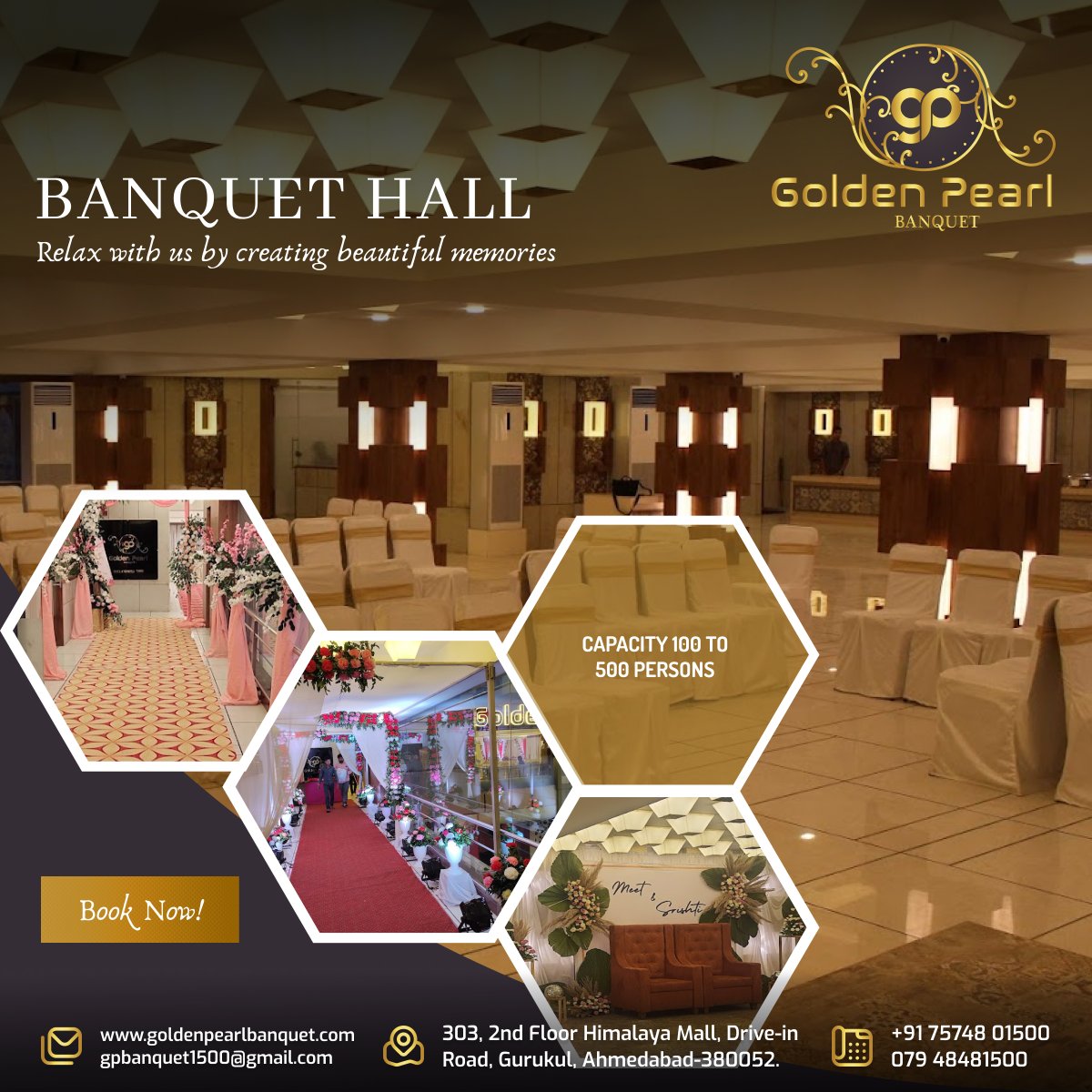 Banquet Hall Relax with Us By Creating Beautiful Memories

#GoldenPearl #banquet #ahmedabad #gurukulahmedabad #banquethall #event #party #wedding #birthday #ringceremony #food #enjoyment #celebrations
