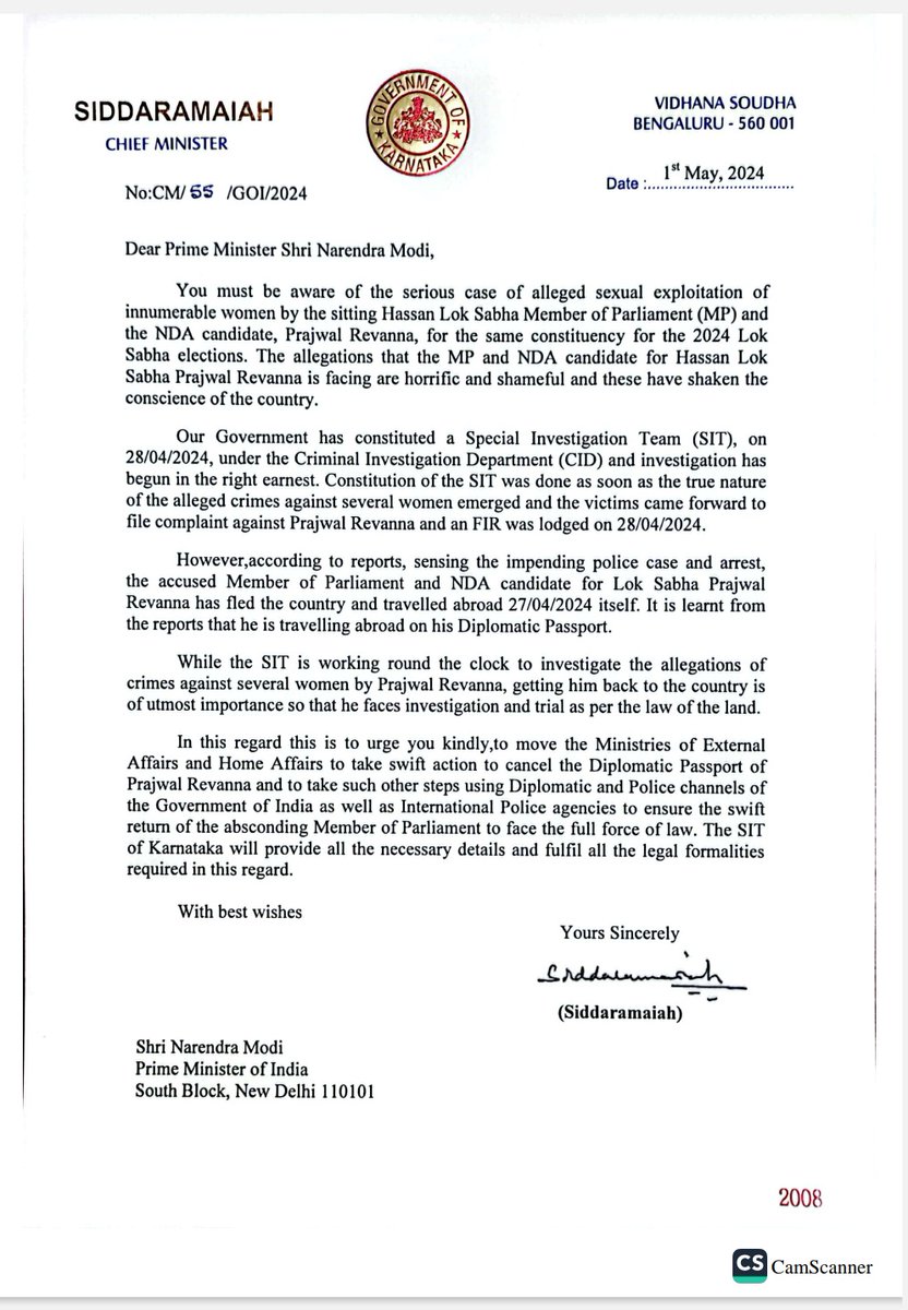 Karnataka CM @Siddaramaiah writes to PM @narendramodi to cancel #PrajwalRevanna's diplomatic passport to ensure swift return of absconding MP using Diplomatic and Police channels of GoI as well as International Police agencies. He further assures that Karnataka SIT will…