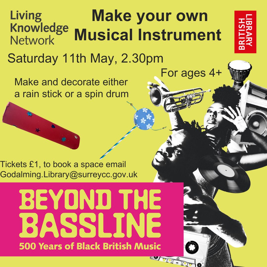 Fancy making your very own musical instrument? Join us on Saturday 11th May to make a rain stick or a spin drum! Book your space by emailing Godalming.Library@surreycc.gov.uk @SurreyLibraries