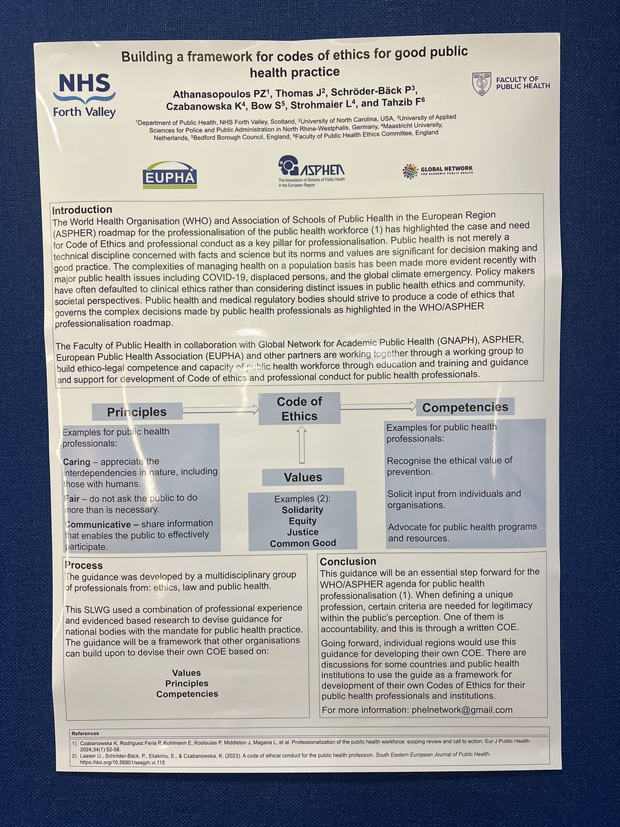 Paul Athan (@paulathanph) on Twitter photo Very proud to have my poster at position P-53 about the great work in developing a framework for code of ethics for good public health practice. #ScotPH24 <a href="/FPH/">Faculty of Public Health</a> <a href="/NHSForthValley/">NHS Forth Valley</a> Very proud to have my poster at position P-53 about the great work in developing a framework for code of ethics for good public health practice. #ScotPH24 <a href="/FPH/">Faculty of Public Health</a> <a href="/NHSForthValley/">NHS Forth Valley</a>