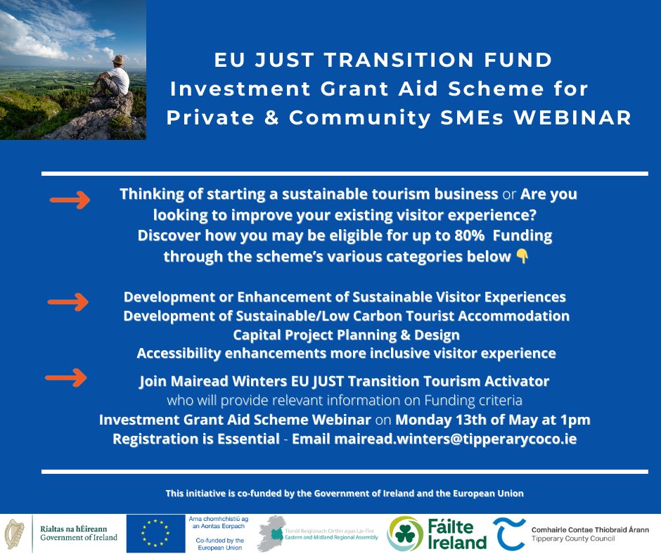 Mairead Winters EU Just Transition Tourism Activator is hosting a Webinar on Monday May 13th, where she will discuss the potential funding available under the EU JTF Regenerative Tourism for Ireland’s Midlands 2023-2026 Investment Grant Aid Scheme for SMEs & Community groups.