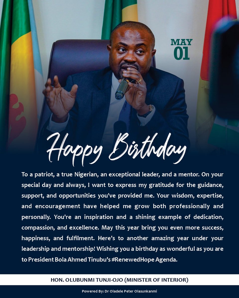 Happy birthday to the hon minister of interior. Hon. Olubunmi Tunji-Ojo
May God continue to give you the required strength to carry out all the reforms you set out. Ride on star boy we de your back 
#BTOat42 
#StarBoy